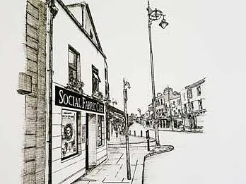 Line drawing of the Social Fabric Café exterior